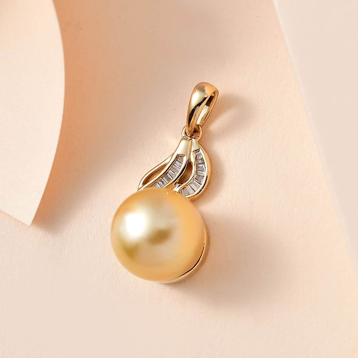 Luxoro 14K Yellow Gold South Sea Golden Pearl 12-13mm and I2 Diamond Pendant 0.14 ctw image number 1
