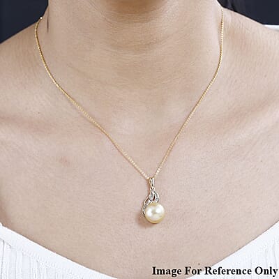 Luxoro 14K Yellow Gold South Sea Golden Pearl 12-13mm and I2 Diamond Pendant 0.14 ctw