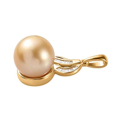 Luxoro 14K Yellow Gold South Sea Golden Pearl 12-13mm and I2 Diamond Pendant 0.14 ctw