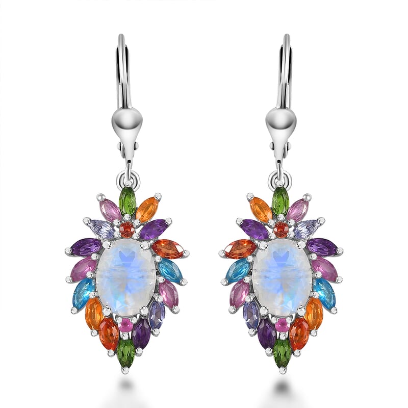 Premium Rainbow Moonstone and Multi Gemstone Earrings in Platinum Over Sterling Silver 7.10 ctw