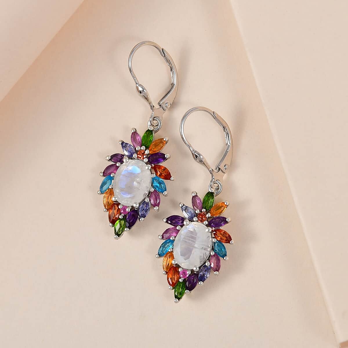 Premium Rainbow Moonstone and Multi Gemstone Earrings in Platinum Over Sterling Silver 7.10 ctw image number 1