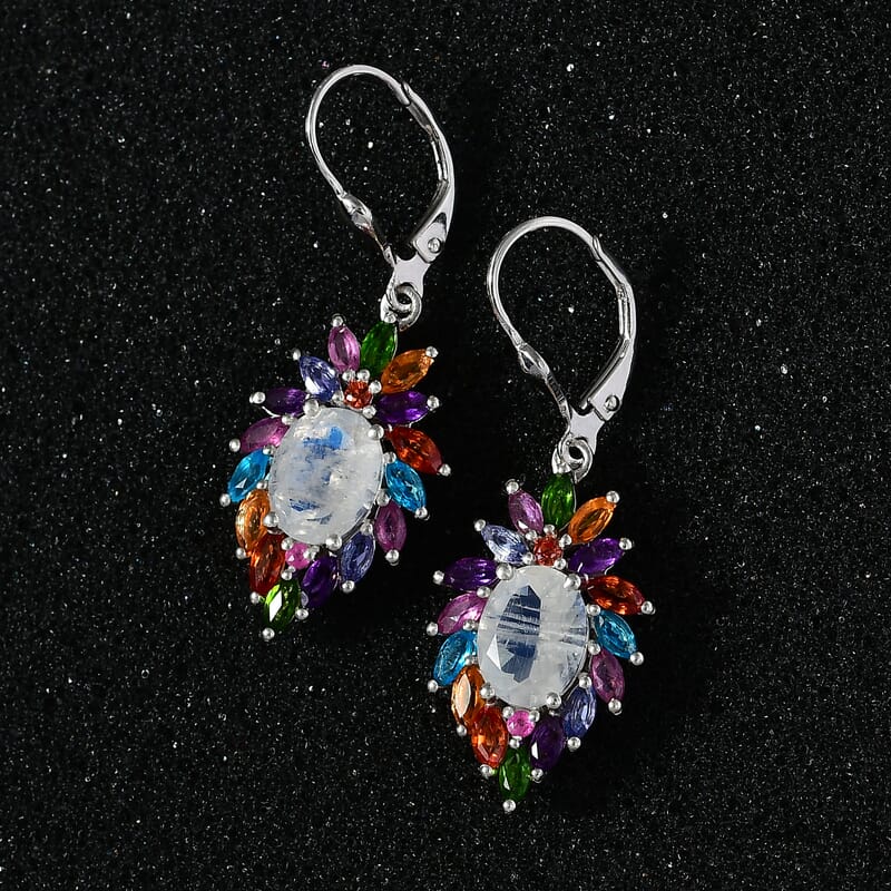 Premium Rainbow Moonstone and Multi Gemstone Earrings in Platinum Over Sterling Silver 7.10 ctw