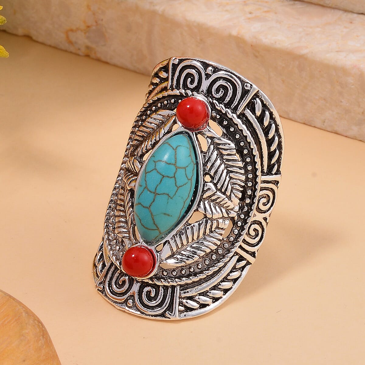 Constituted Blue and Red Howlite Ring in Silvertone (Size 7.75) 1.70 ctw image number 1