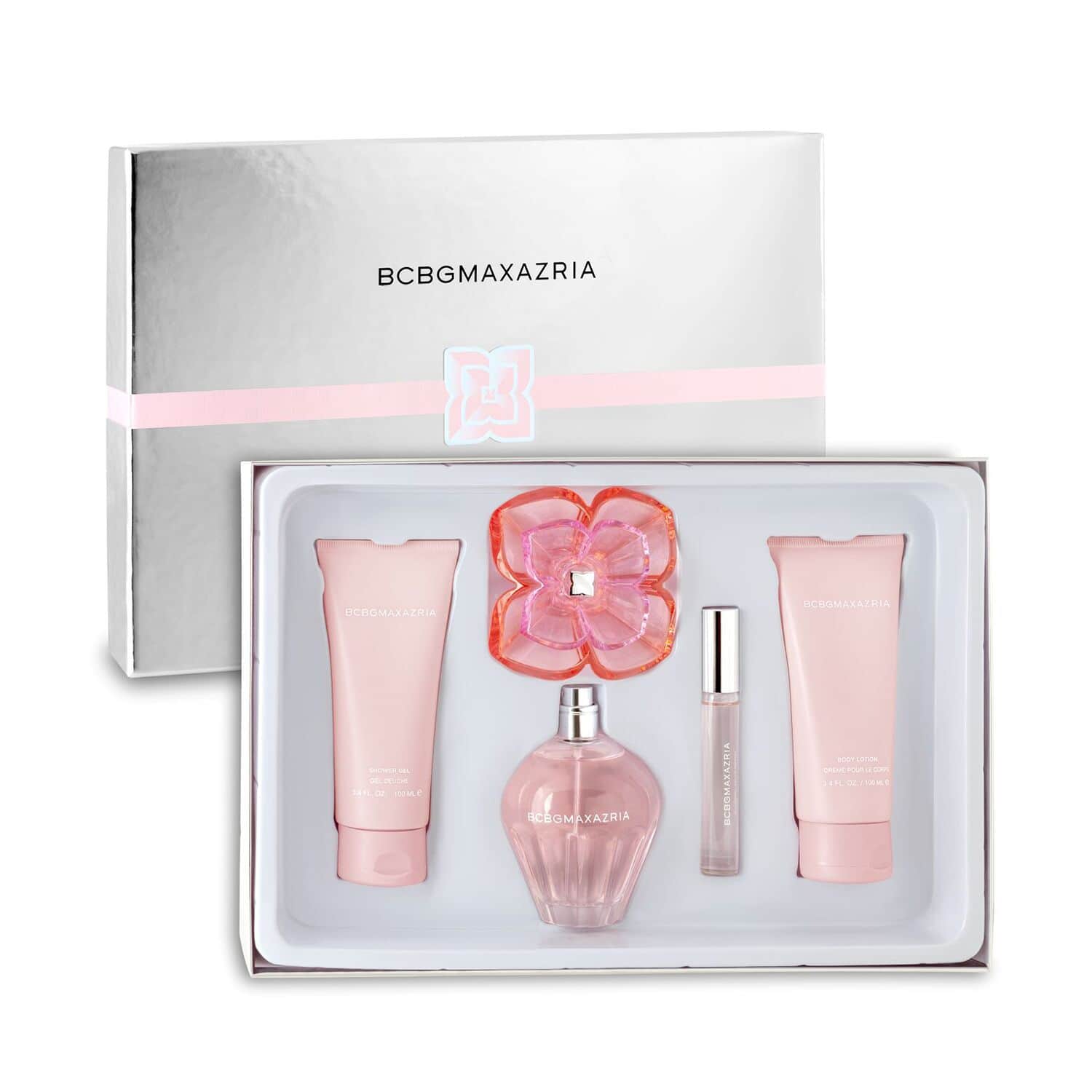 BCBGMAXAZRIA 4 Piece Classic Gift Set Eau De Parfum 3.4oz Rollerball .34oz Body Lotion Shower Gel 3.4oz in Silver Box