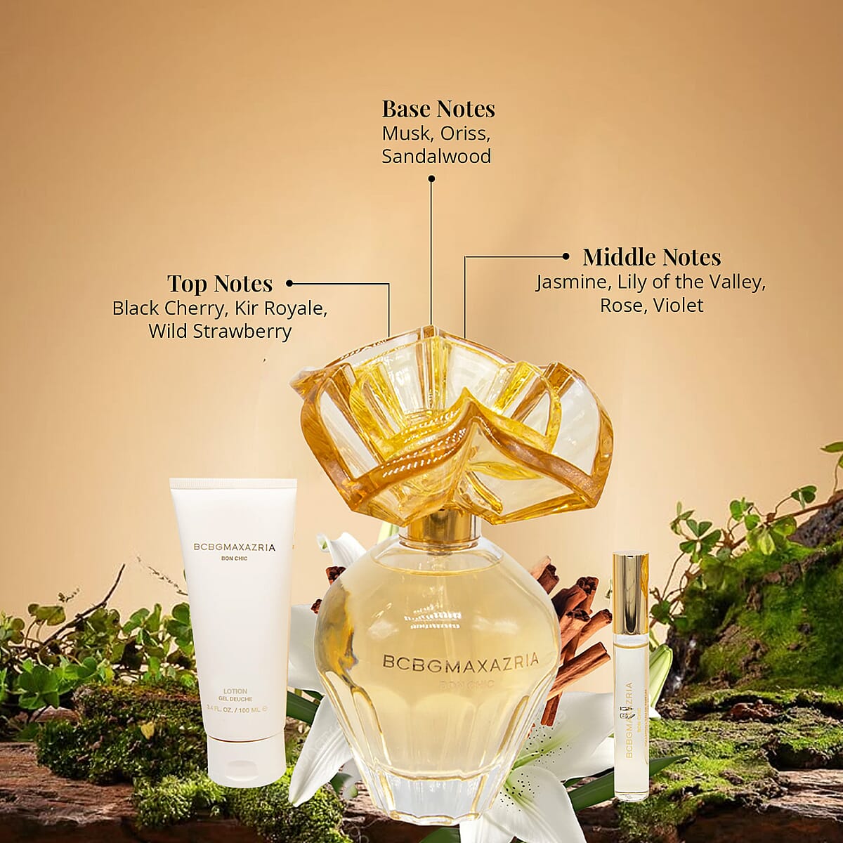 BCBGMAXAZRIA- 4 Piece Bon Chic Gift Set (EDP 3.4oz, Rollerball .34oz, Body Lotion & Shower Gel 3.4oz) in Golden Box image number 3