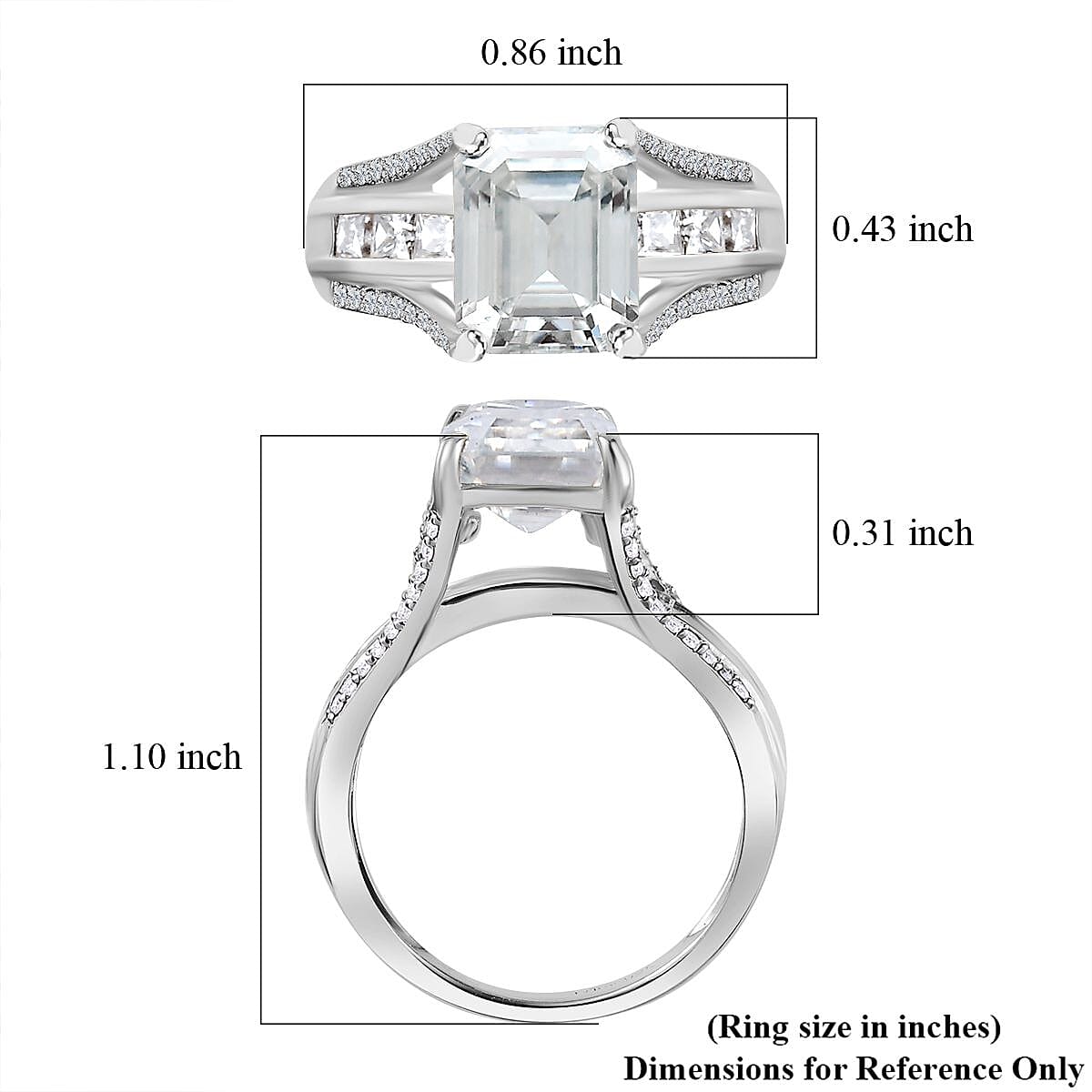 Moissanite (Oct 10x8mm) Bridge Ring in Platinum Over Sterling Silver (Size 10.0) 4.20 ctw