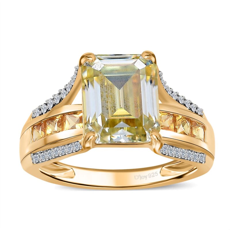 Yellow Moissanite (Oct 10x8mm), Multi Gemstone Bridge Ring in Vermeil YG Over Sterling Silver (Size 10.0) 5.10 ctw