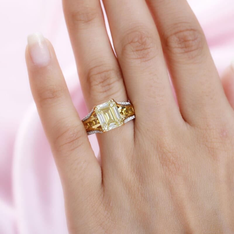 Yellow Moissanite (Oct 10x8mm), Multi Gemstone Bridge Ring in Vermeil YG Over Sterling Silver (Size 10.0) 5.10 ctw