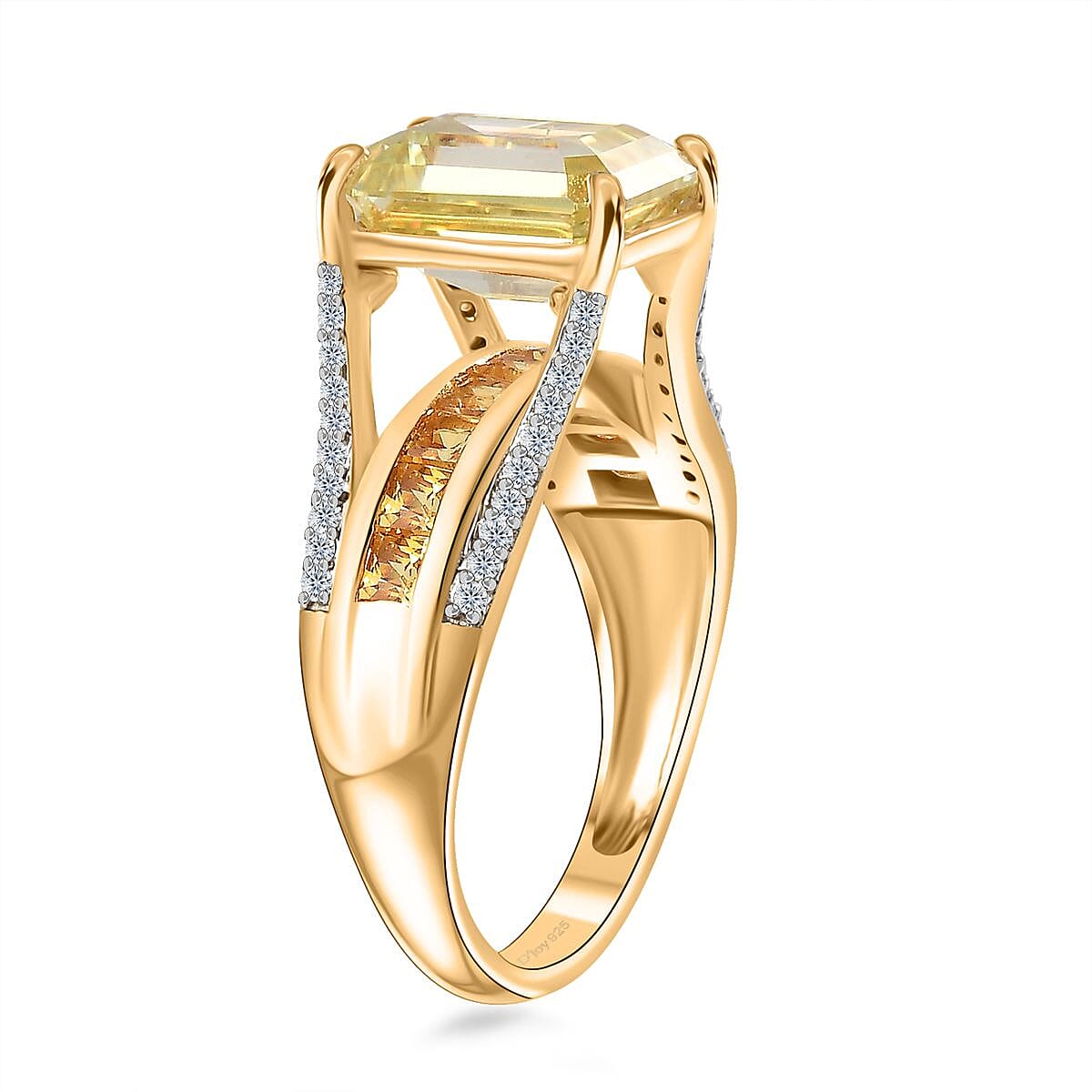 Yellow Moissanite (Oct 10x8mm), Multi Gemstone Bridge Ring in Vermeil YG Over Sterling Silver (Size 10.0) 5.10 ctw