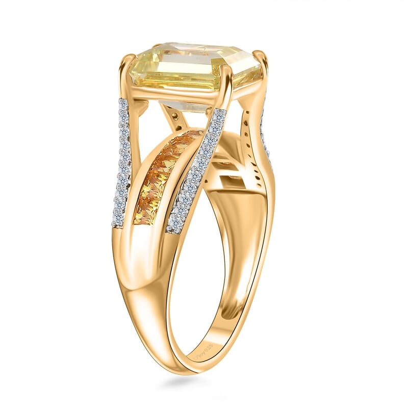 Yellow Moissanite (Oct 10x8mm), Multi Gemstone Bridge Ring in Vermeil YG Over Sterling Silver (Size 10.0) 5.10 ctw