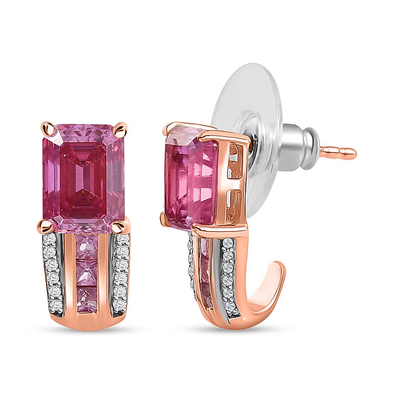 Pink Moissanite and Multi Gemstone Bridge J- Hoop Earrings in Vermeil Rose Gold Over Sterling Silver 4.00 ctw