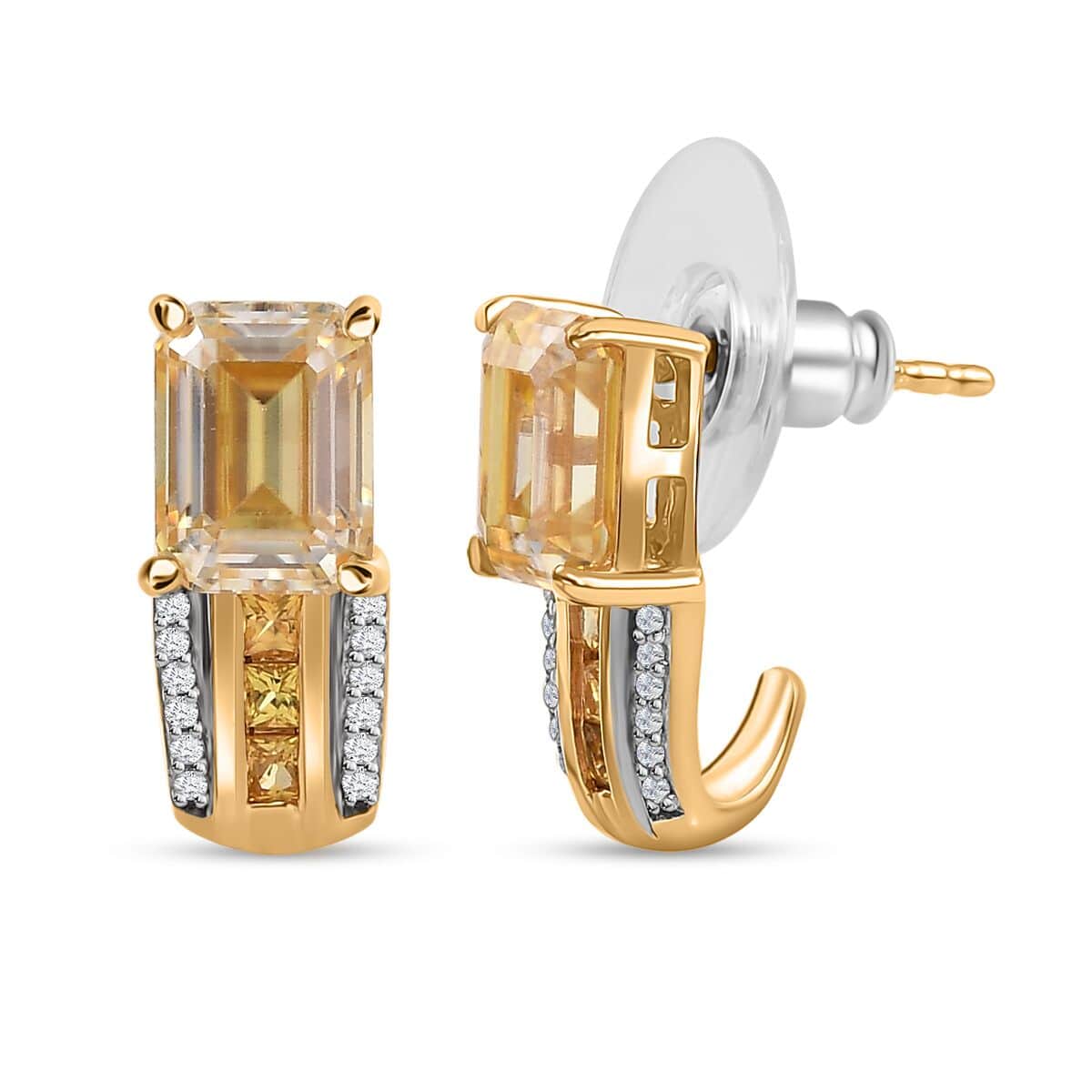 Yellow Moissanite and Multi Gemstone Bridge J Hoop Earrings in Vermeil Yellow Gold Over Sterling Silver 3.90 ctw image number 0