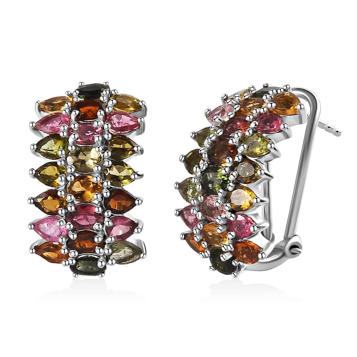 Multi-Tourmaline Omega Clip Earrings in Platinum Over Sterling Silver 7.15 ctw image number 0