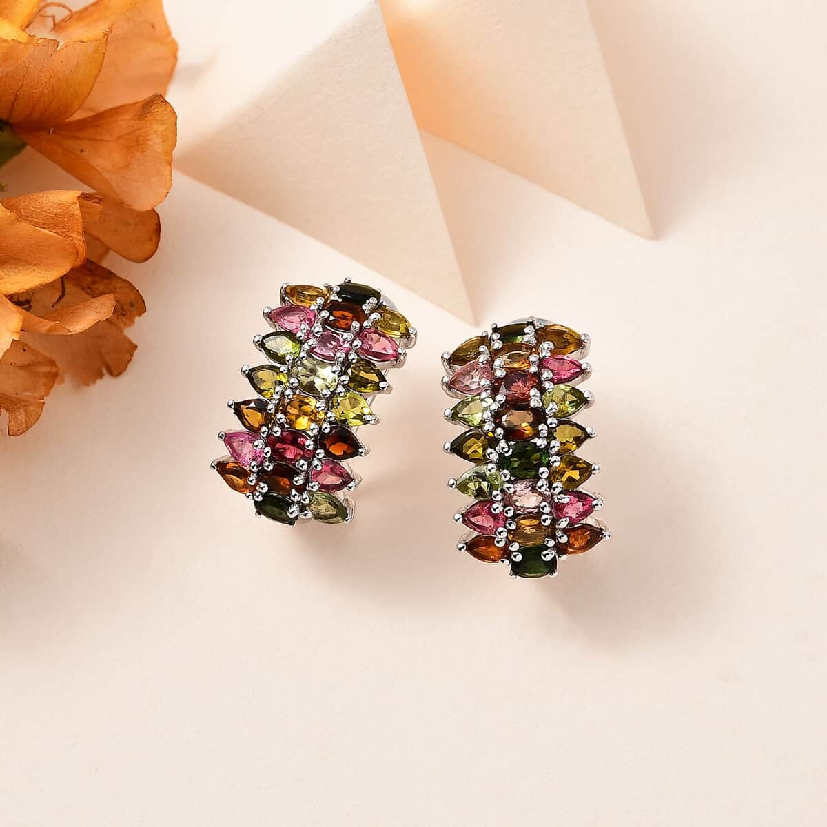 Multi-Tourmaline Omega Clip Earrings in Platinum Over Sterling Silver 7.15 ctw image number 1