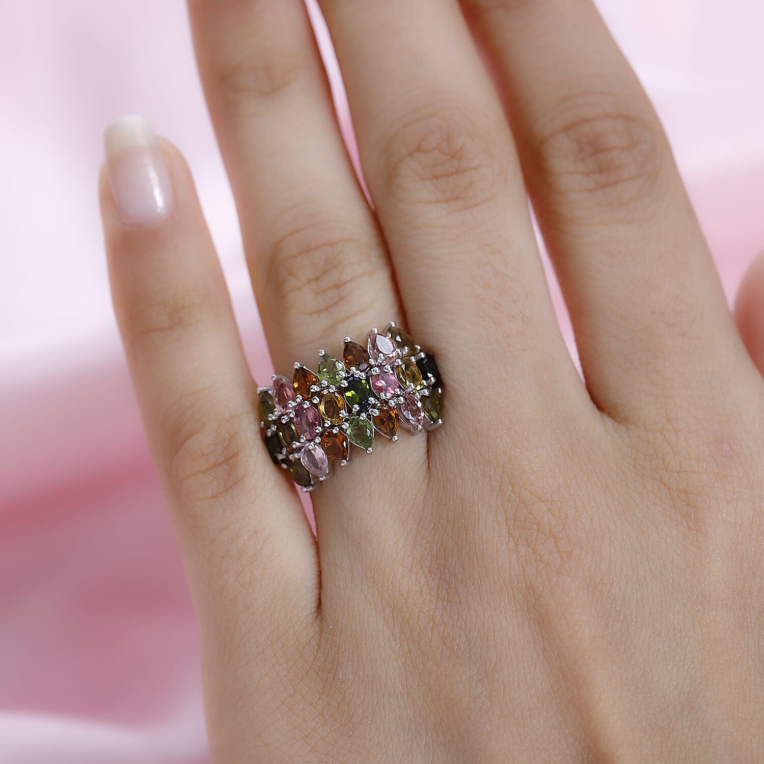 Multi-Tourmaline Bouquet Ring in Platinum Over Sterling Silver (Size 10.0) 3.60 ctw