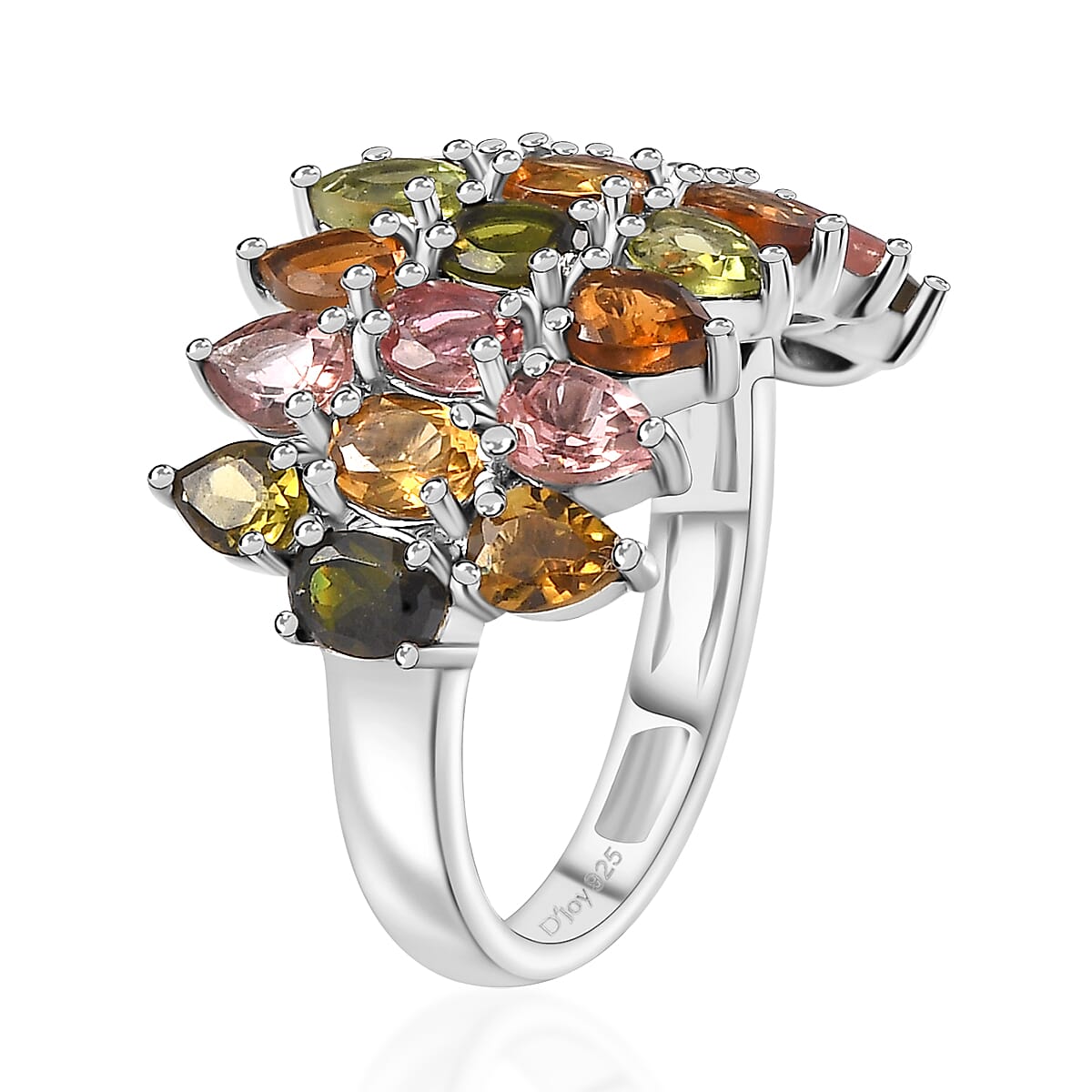 Multi-Tourmaline Bouquet Ring in Platinum Over Sterling Silver (Size 10.0) 3.60 ctw