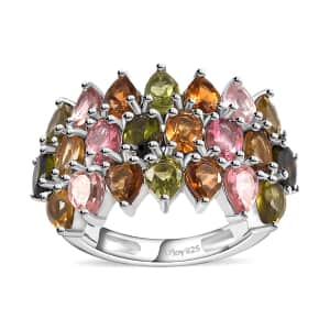 Multi-Tourmaline Cluster Ring in Platinum Over Sterling Silver (Size 5.0) 3.60 ctw