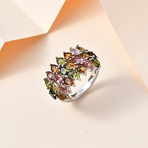 Multi-Tourmaline Bouquet Ring in Platinum Over Sterling Silver (Size 5.0) 3.60 ctw