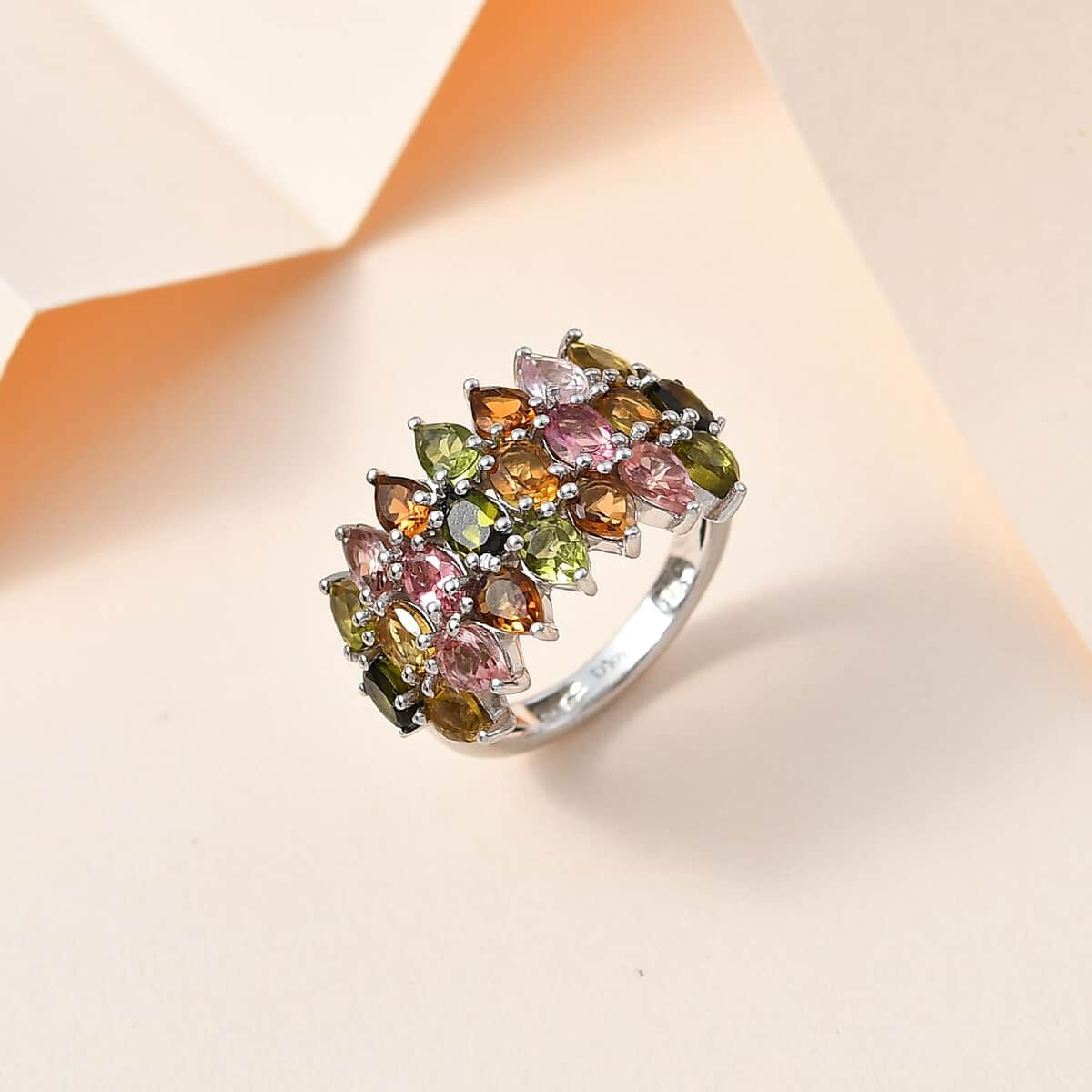 Multi-Tourmaline Cluster Ring in Platinum Over Sterling Silver (Size 5.0) 3.60 ctw image number 1