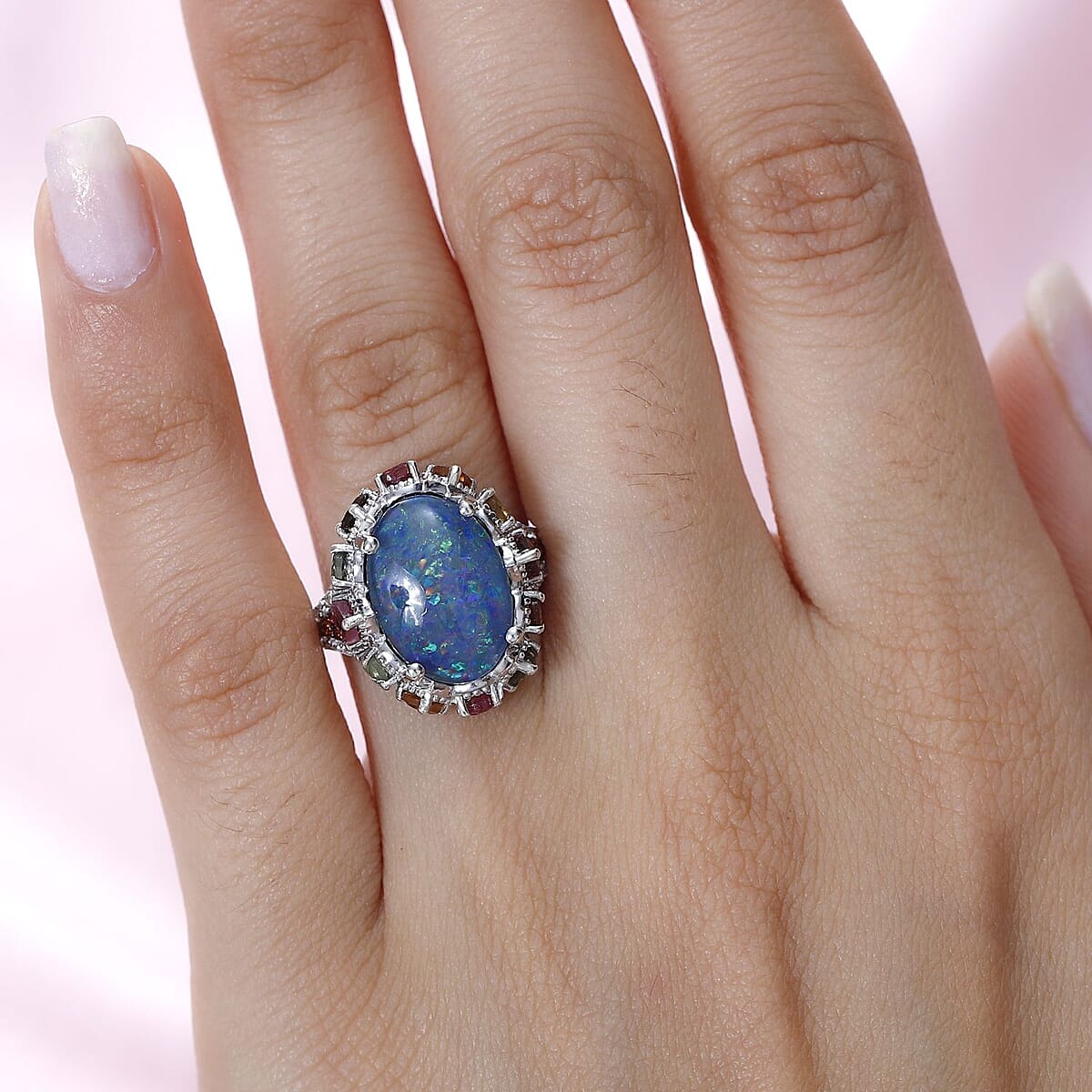 Premium Boulder Opal Triplet and Multi Gemstone Ring in Platinum Over Sterling Silver (Size 6.0) 5.30 ctw image number 2