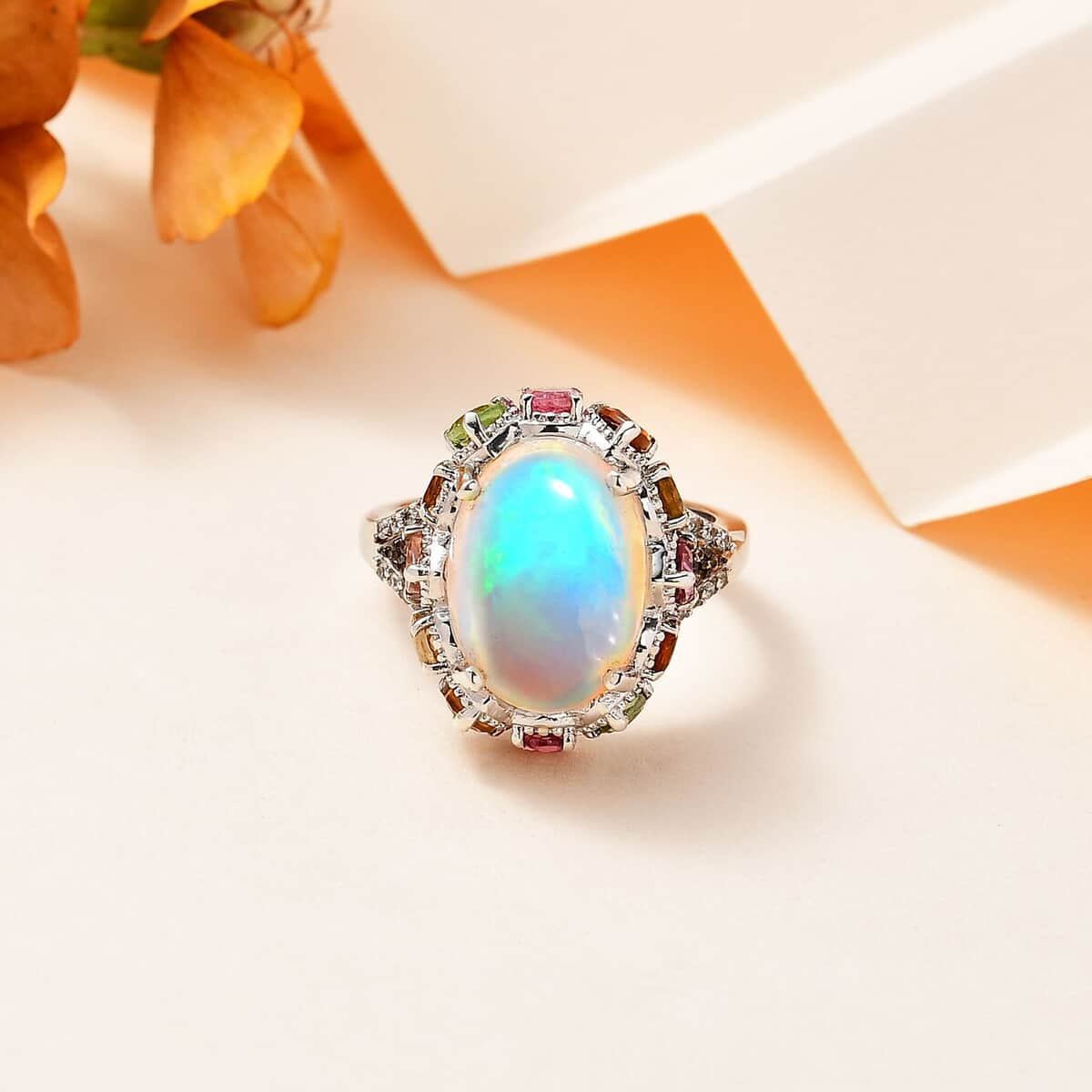 Premium Ethiopian Welo Opal and Multi Gemstone Ring in Platinum Over Sterling Silver (Size 10.0) 5.50 ctw image number 1