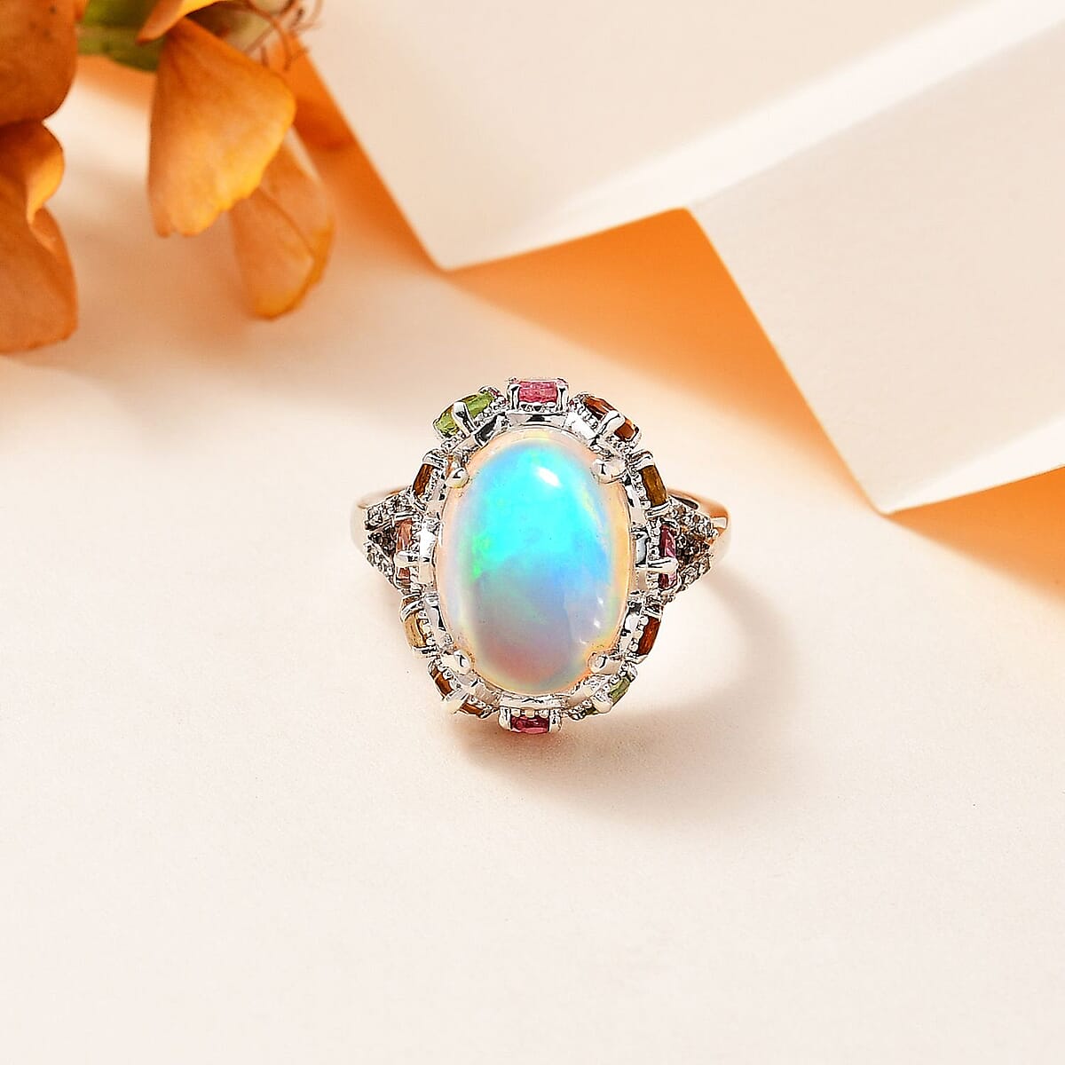 Premium Ethiopian Welo Opal and Multi Gemstone Ring in Platinum Over Sterling Silver (Size 8.0) 5.50 ctw image number 1