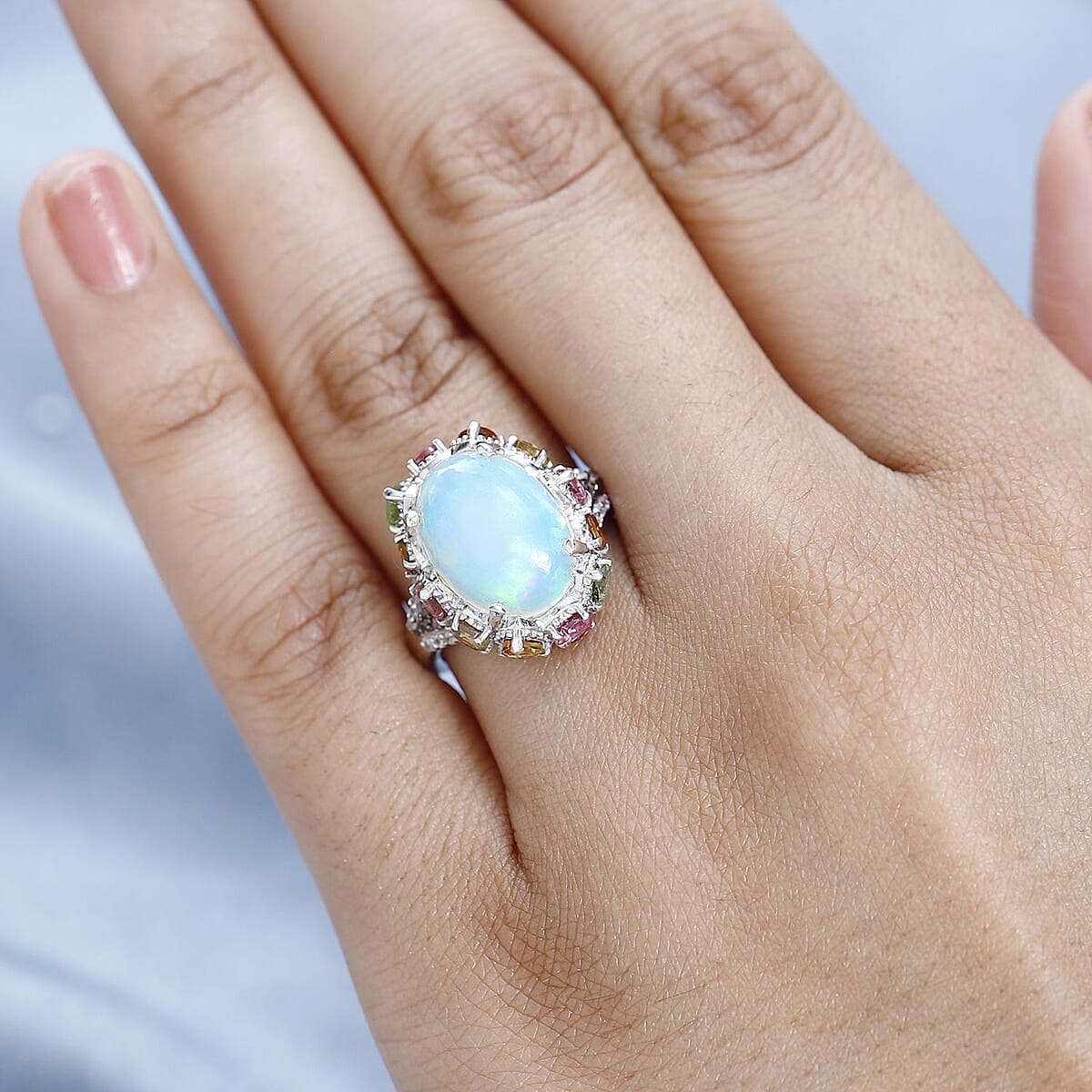 Premium Ethiopian Welo Opal and Multi Gemstone Ring in Platinum Over Sterling Silver (Size 8.0) 5.50 ctw image number 3