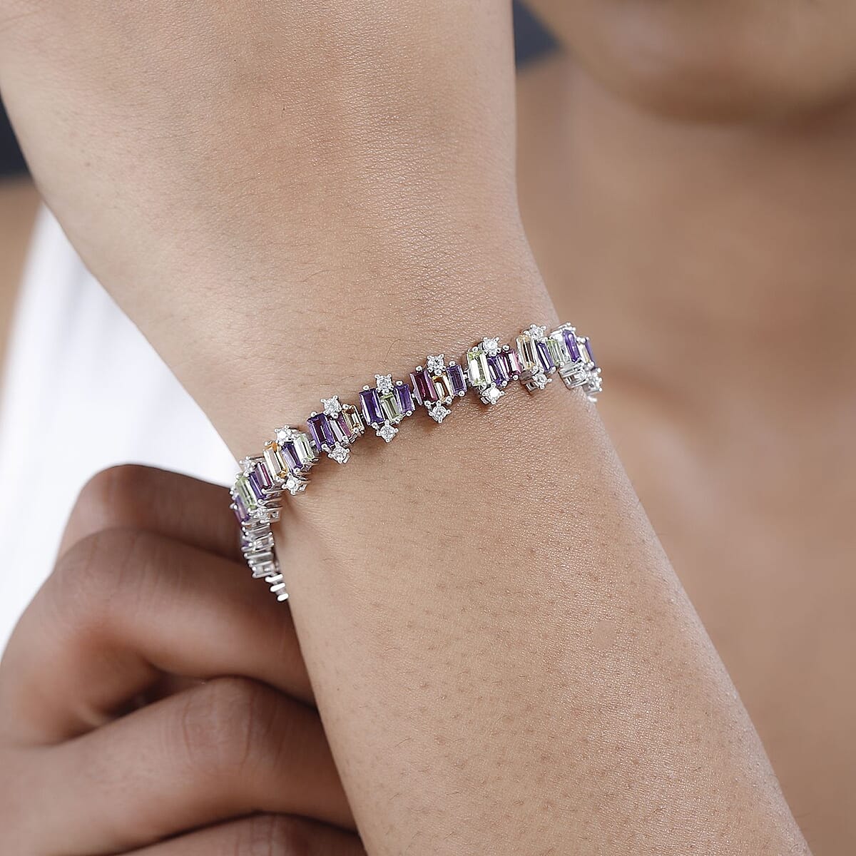 GP Royal Art Deco Collection Multi Gemstone Bracelet in Platinum Over Sterling Silver (7.25 In) 12.50 ctw image number 2