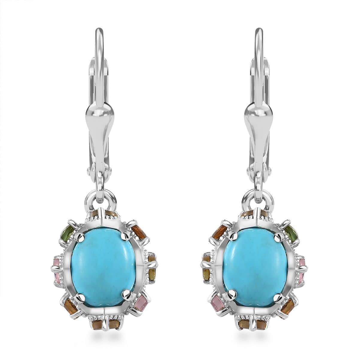 Premium Sleeping Beauty Turquoise and Multi-Tourmaline Lever Back Earrings in Platinum Over Sterling Silver 6.30 ctw image number 0