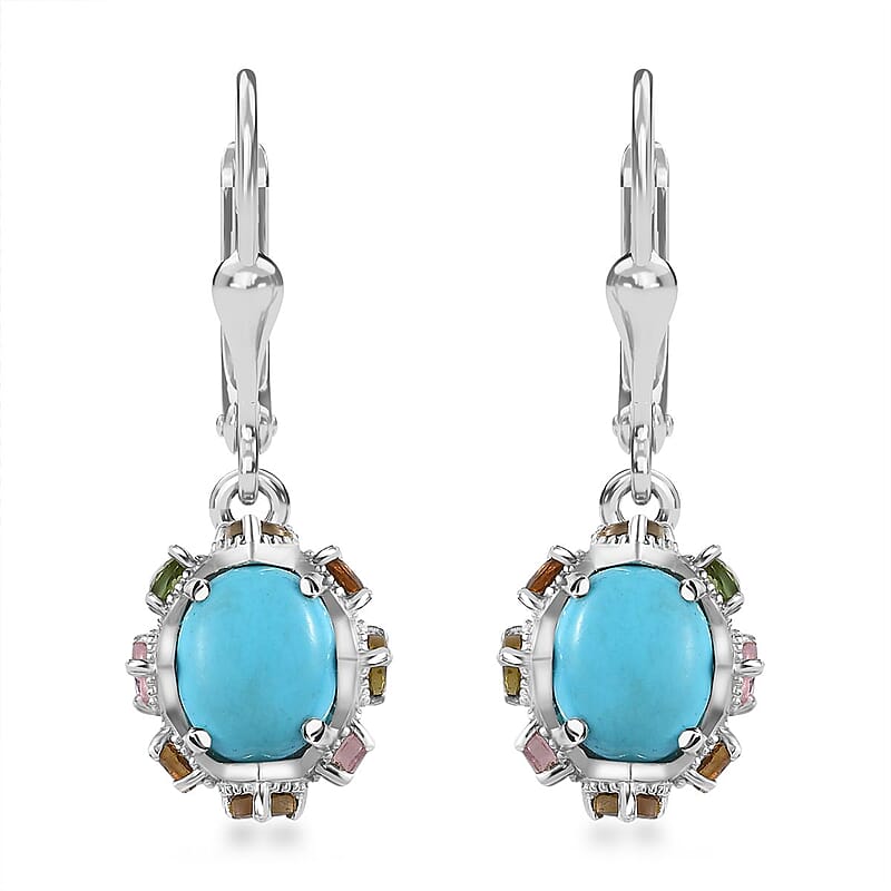 Premium Sleeping Beauty Turquoise and Multi-Tourmaline Lever Back Earrings in Platinum Over Sterling Silver 6.30 ctw