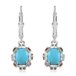 Premium Sleeping Beauty Turquoise and Multi-Tourmaline Lever Back Earrings in Platinum Over Sterling Silver 6.30 ctw