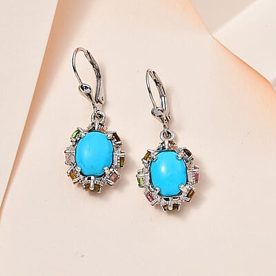 Premium Sleeping Beauty Turquoise and Multi-Tourmaline Lever Back Earrings in Platinum Over Sterling Silver 6.30 ctw