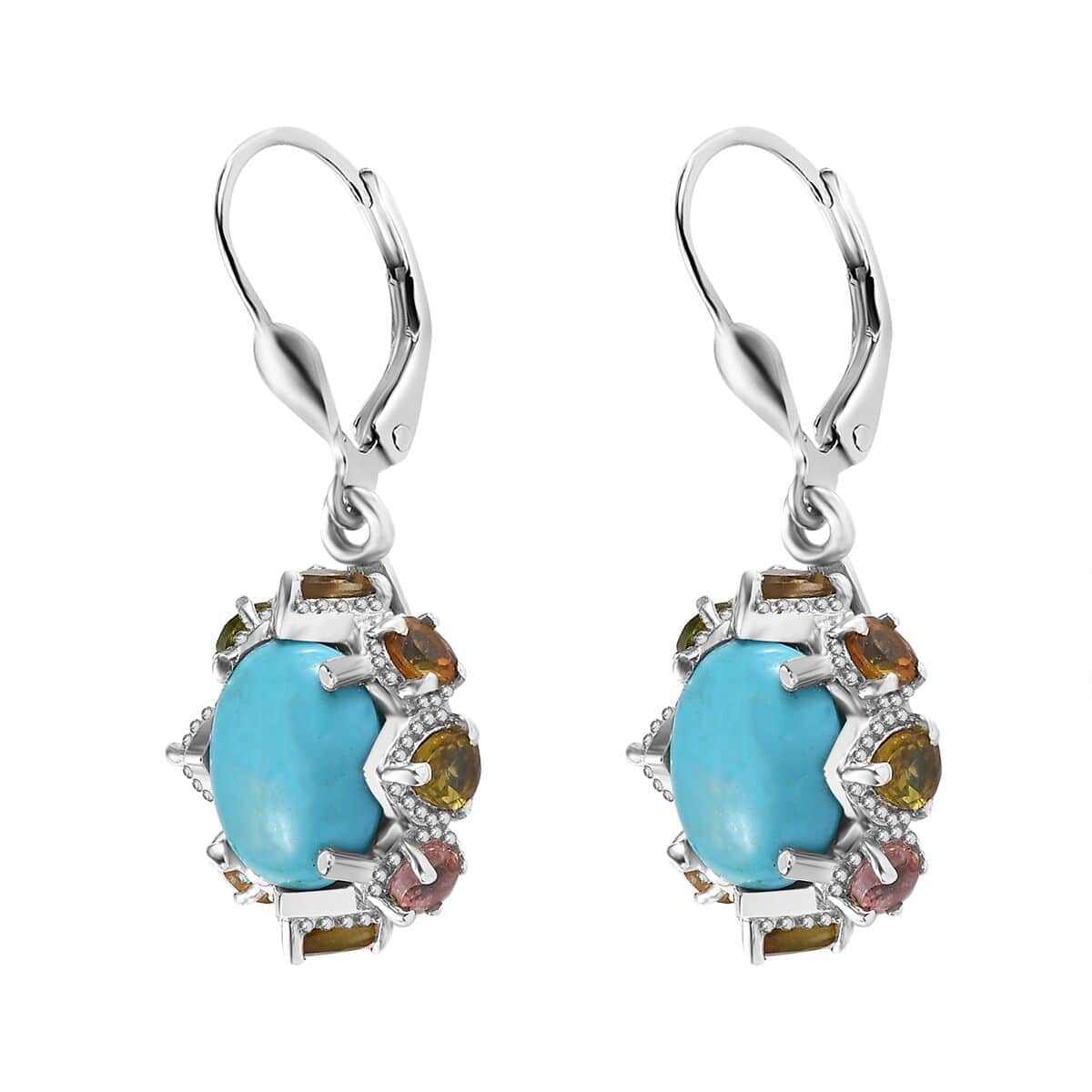 Premium Sleeping Beauty Turquoise and Multi-Tourmaline Lever Back Earrings in Platinum Over Sterling Silver 6.30 ctw image number 3