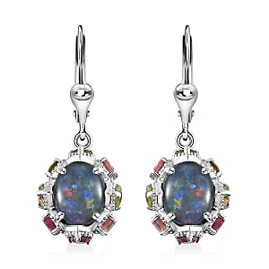 Premium Boulder Opal Triplet and Multi-Tourmaline Lever Back Earrings in Platinum Over Sterling Silver 5.35 ctw