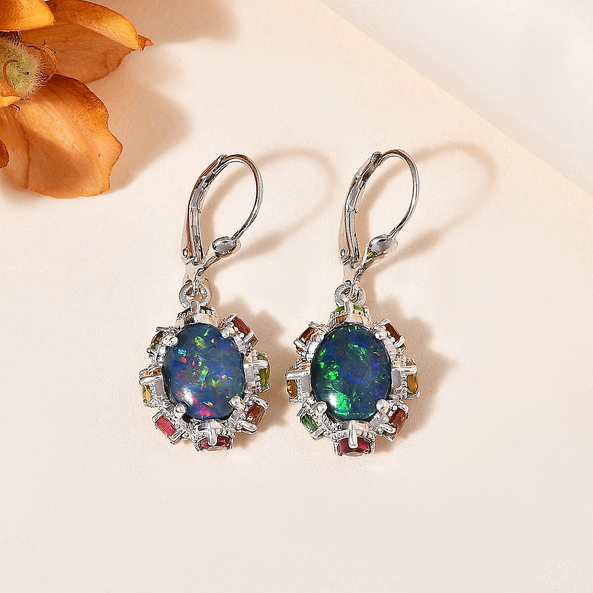 Premium Boulder Opal Triplet and Multi-Tourmaline Lever Back Earrings in Platinum Over Sterling Silver 5.35 ctw image number 1