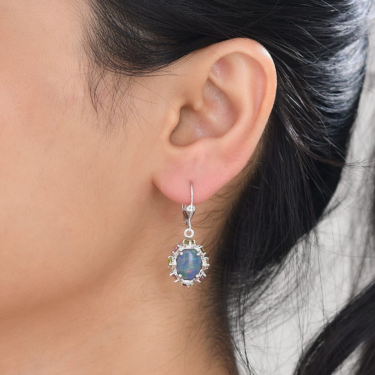 Premium Boulder Opal Triplet and Multi-Tourmaline Lever Back Earrings in Platinum Over Sterling Silver 5.35 ctw image number 3