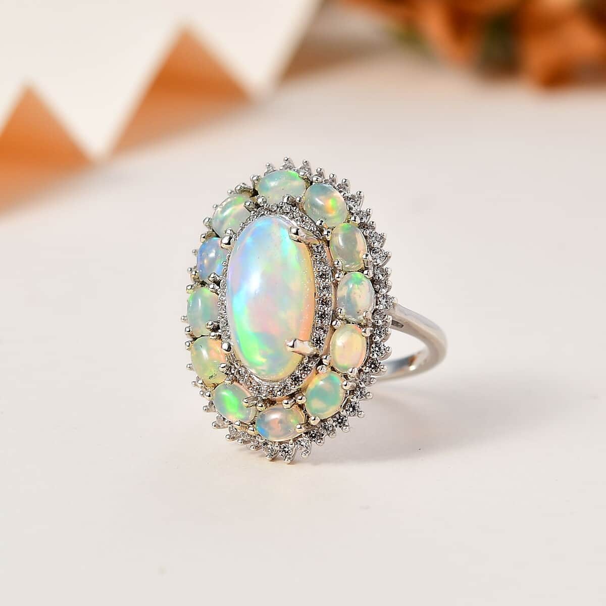 TLV Premium Ethiopian Welo Opal, White Zircon Ring in Platinum Over Sterling Silver (Size 10.0) 4.40 ctw image number 1