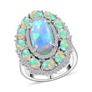 Premium Ethiopian Welo Opal and White Zircon Ring in Platinum Over Sterling Silver (Size 7.0) 4.40 ctw