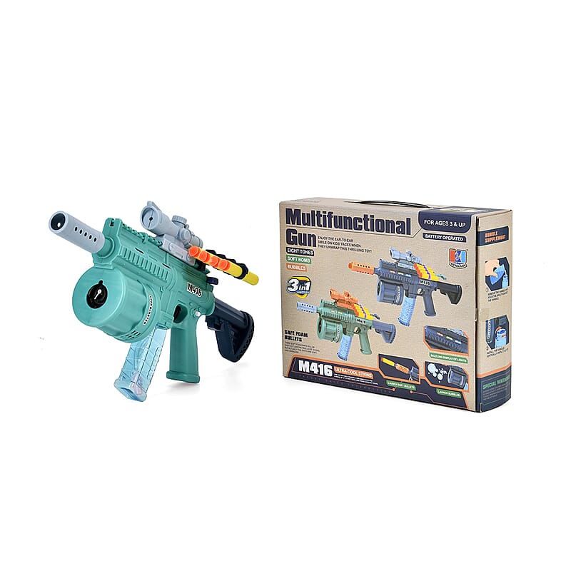 Multi Functional 3-in-1 Bubble Gun with Two Bottles of Bubble Liquid and 8 Soft Foam Bullets (3 AA batteries Not Included)