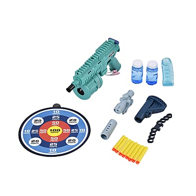 Multi Functional 3-in-1 Bubble Gun with Two Bottles of Bubble Liquid and 8 Soft Foam Bullets (3 AA batteries Not Included)