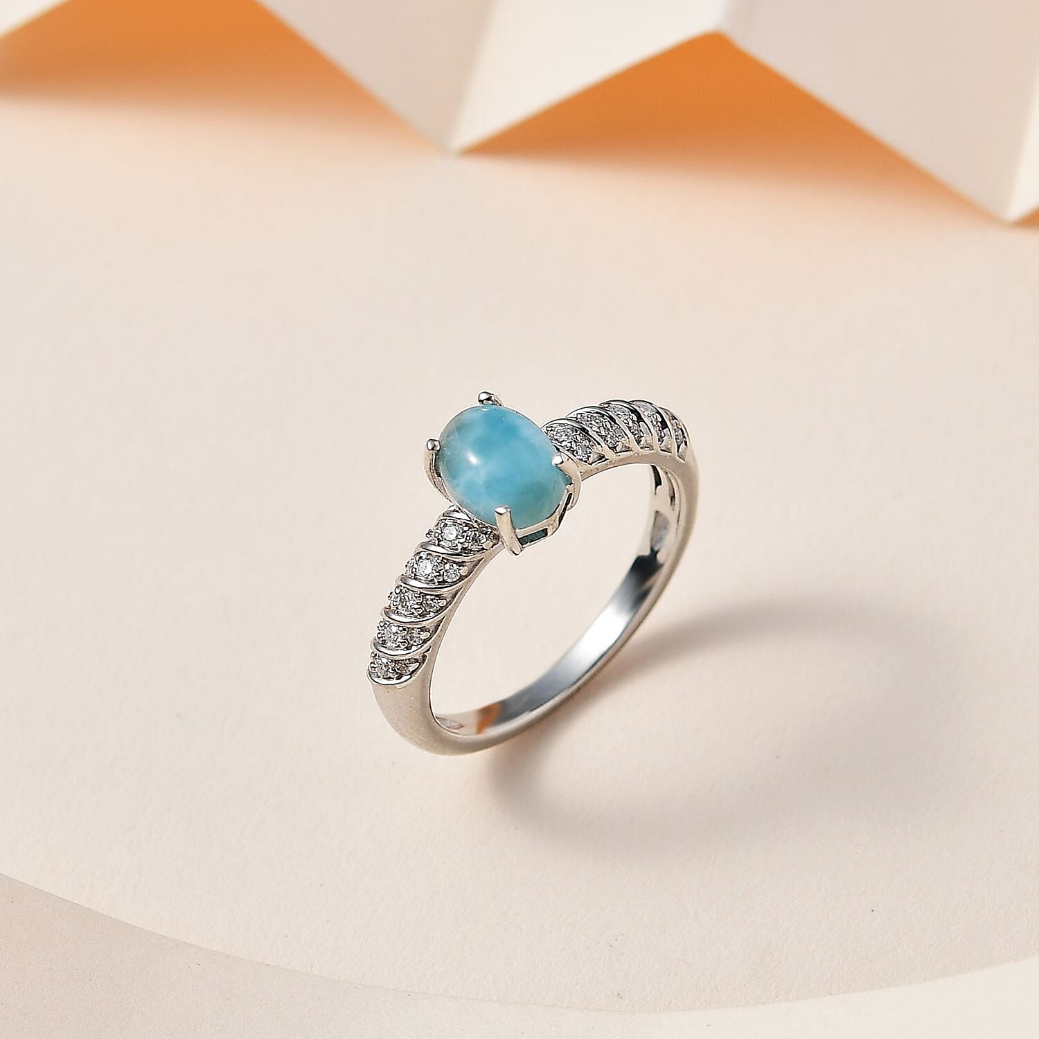 Larimar and Moissanite Ring in Platinum Over Sterling Silver (Size 10.0) 1.90 ctw