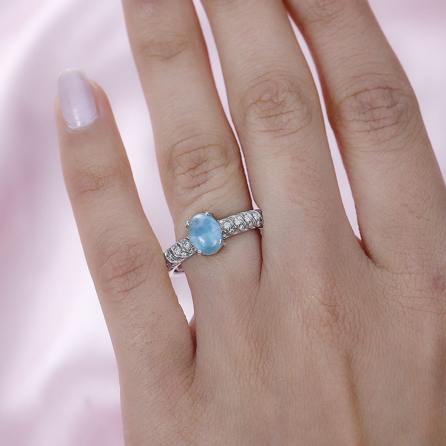 Larimar and Moissanite Ring in Platinum Over Sterling Silver (Size 10.0) 1.90 ctw