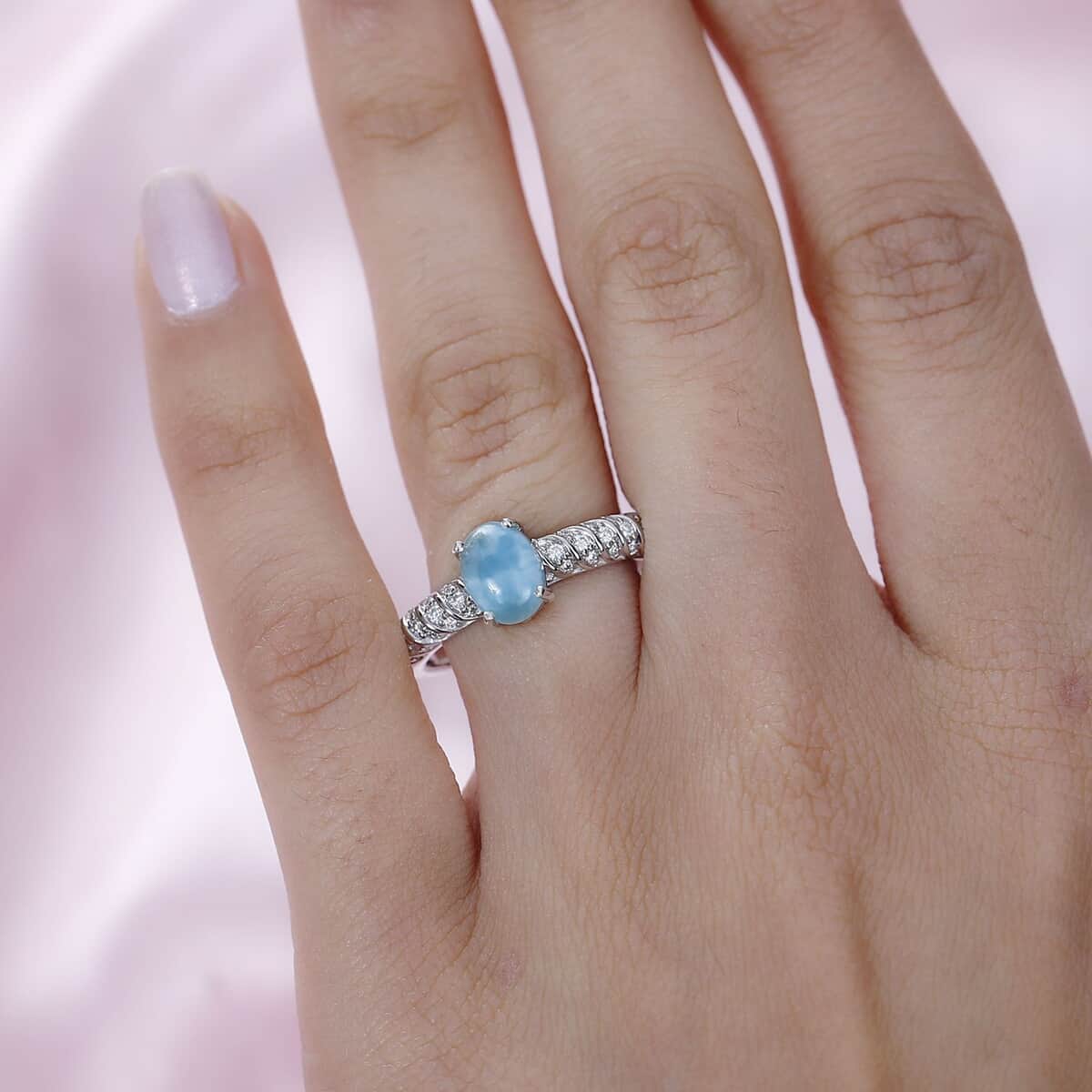 Larimar and Moissanite Ring in Platinum Over Sterling Silver (Size 10.0) 1.90 ctw image number 2