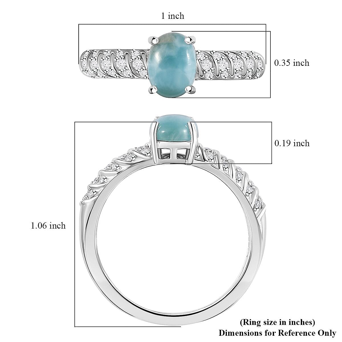 Larimar and Moissanite Ring in Platinum Over Sterling Silver (Size 10.0) 1.90 ctw