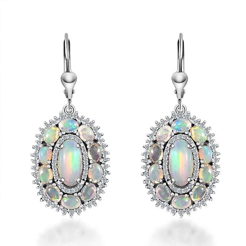 Premium Ethiopian Welo Opal and White Zircon 5.25 ctw Lever Back Earrings in Platinum Over Sterling Silver
