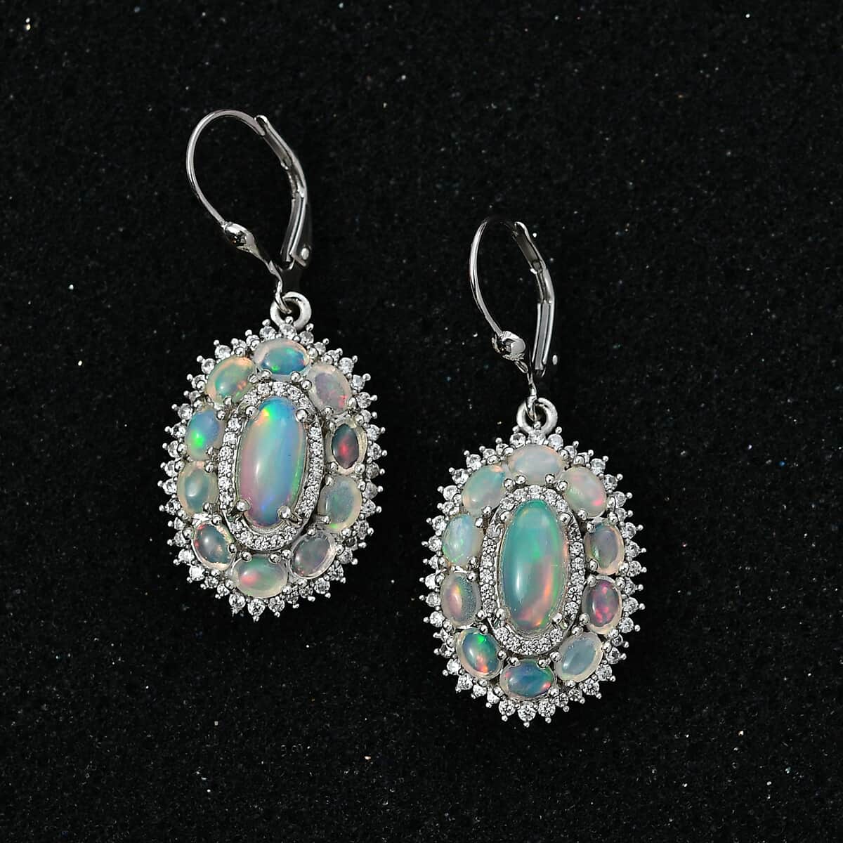 TLV Premium Ethiopian Welo Opal, White Zircon Lever Back Earrings in Platinum Over Sterling Silver 5.25 ctw image number 1