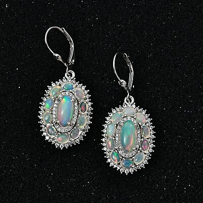 Premium Ethiopian Welo Opal and White Zircon 5.25 ctw Lever Back Earrings in Platinum Over Sterling Silver