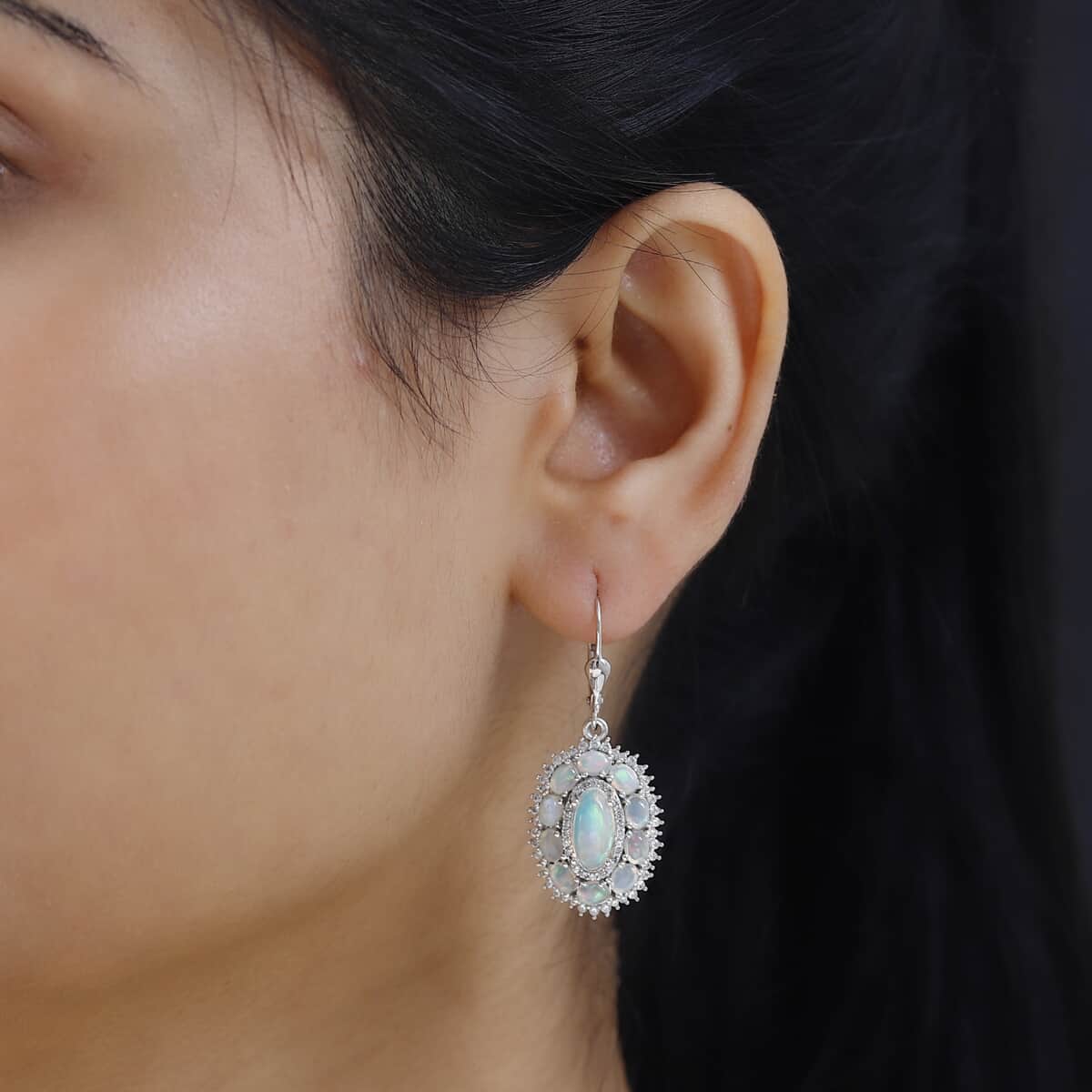 Premium Ethiopian Welo Opal and White Zircon Lever Back Earrings in Platinum Over Sterling Silver 5.25 ctw image number 2