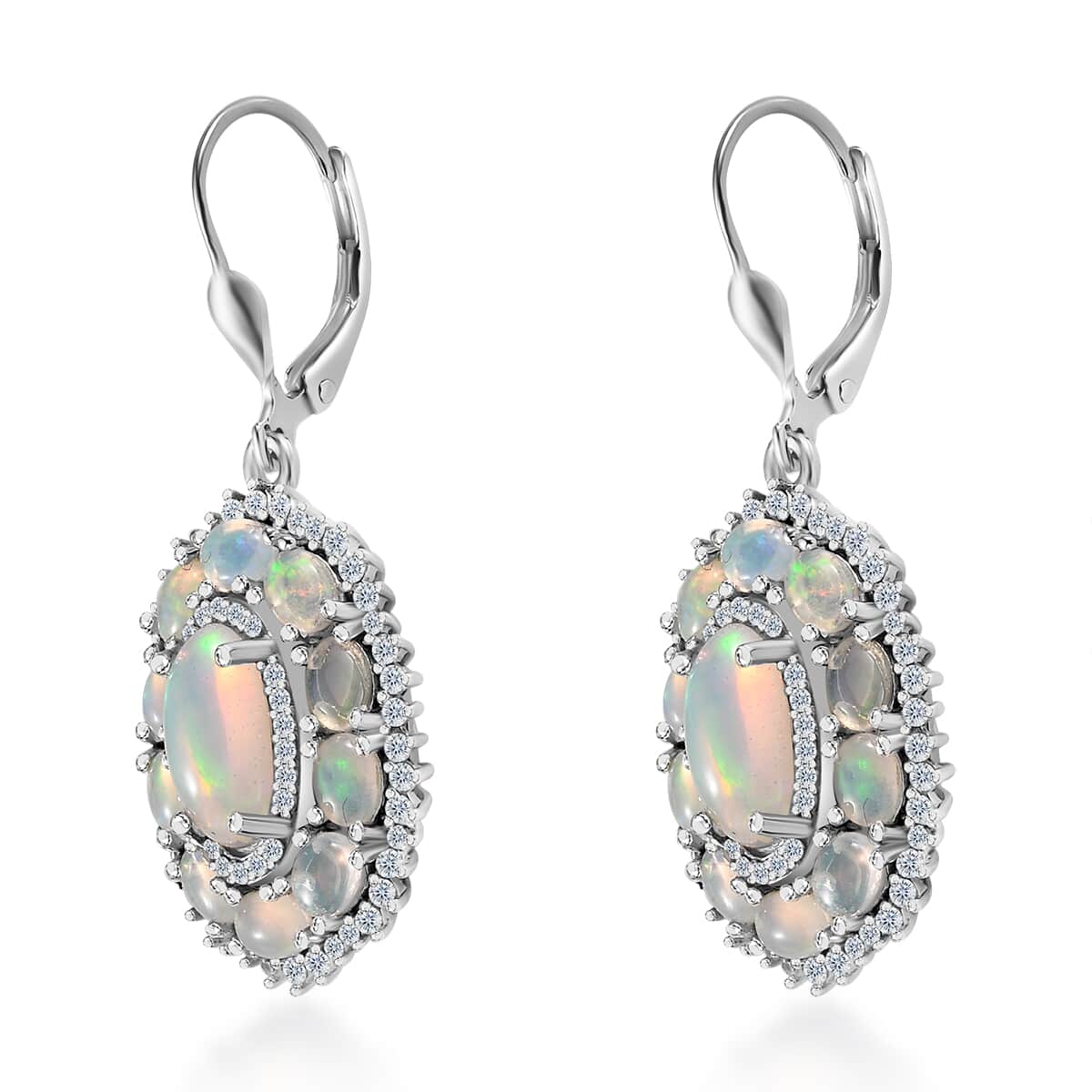 Premium Ethiopian Welo Opal and White Zircon Lever Back Earrings in Platinum Over Sterling Silver 5.25 ctw image number 3