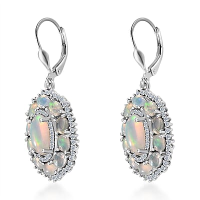Premium Ethiopian Welo Opal and White Zircon 5.25 ctw Lever Back Earrings in Platinum Over Sterling Silver